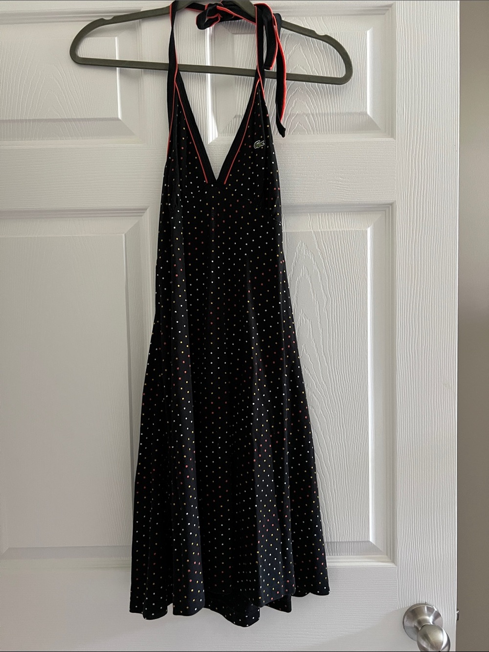 Lacoste Black Polka Dot Halter Dress with Orange Trim